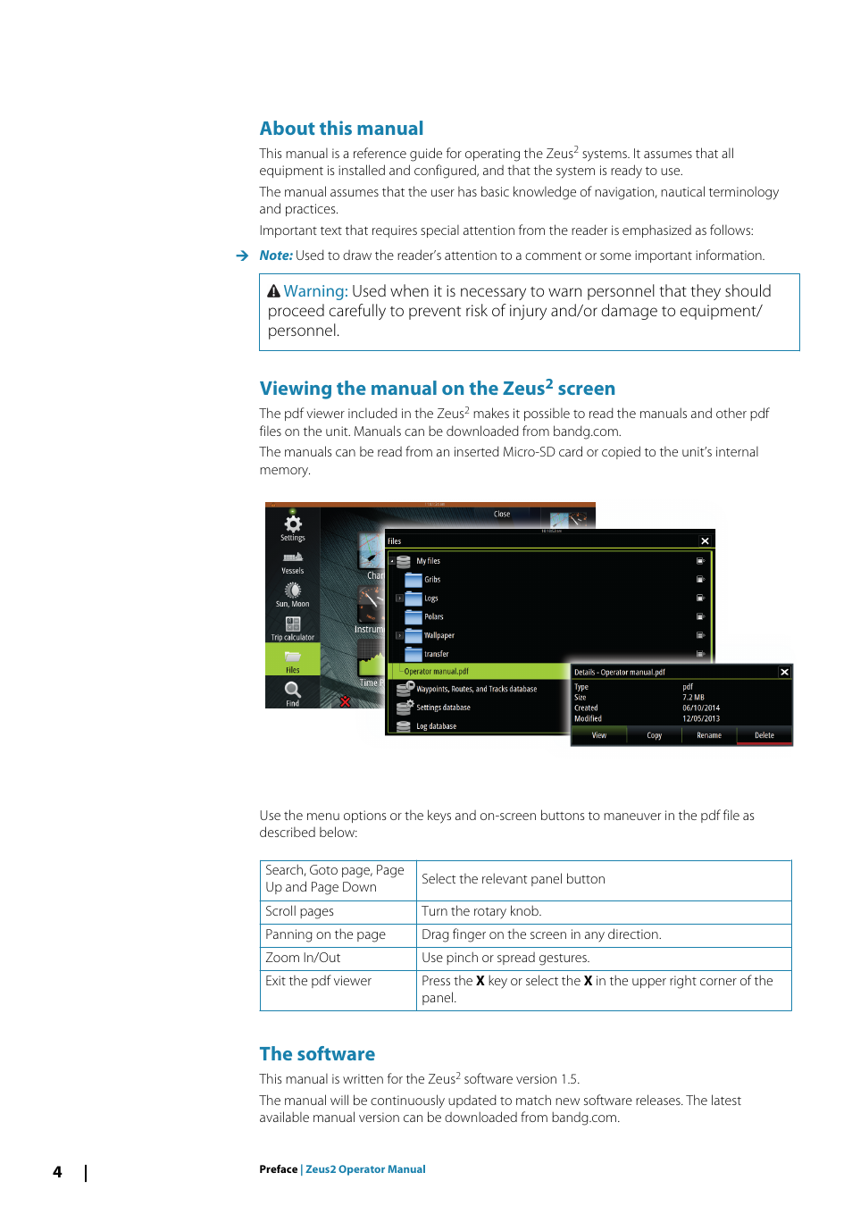 About this manual, Viewing the manual on the zeus2 screen, The software | Viewing the manual on the zeus, Screen | B&G Zeus2 12 User Manual | Page 4 / 108
