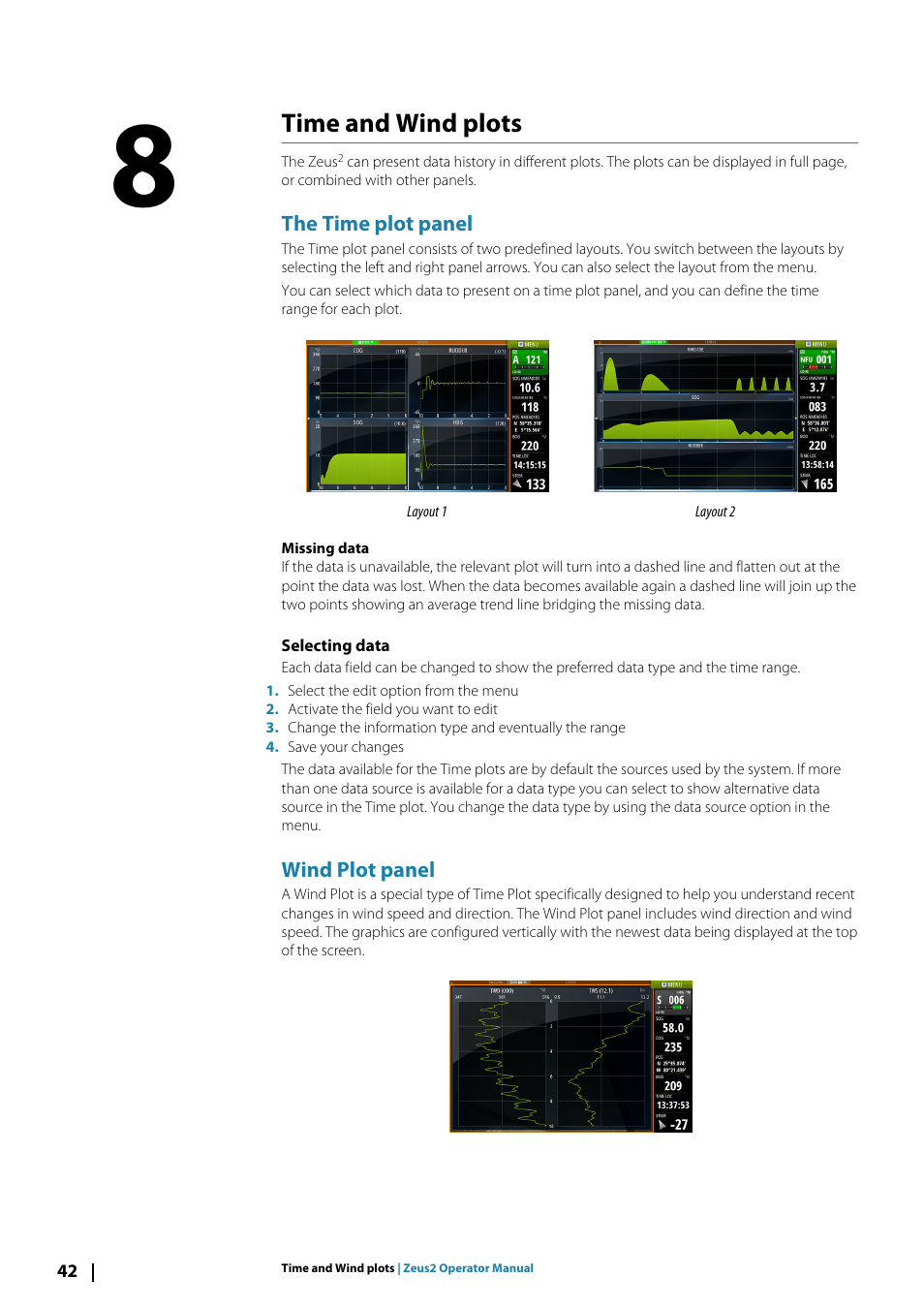 Time and wind plots8time and wind plots, The time plot panel, Selecting data | Wind plot panel, Time and wind plots | B&G Zeus2 12 User Manual | Page 42 / 108