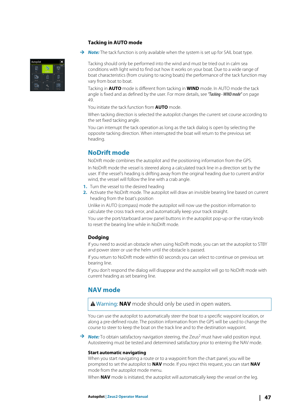 Tacking in auto mode, Nodrift mode, Dodging | Nav mode | B&G Zeus2 12 User Manual | Page 47 / 108