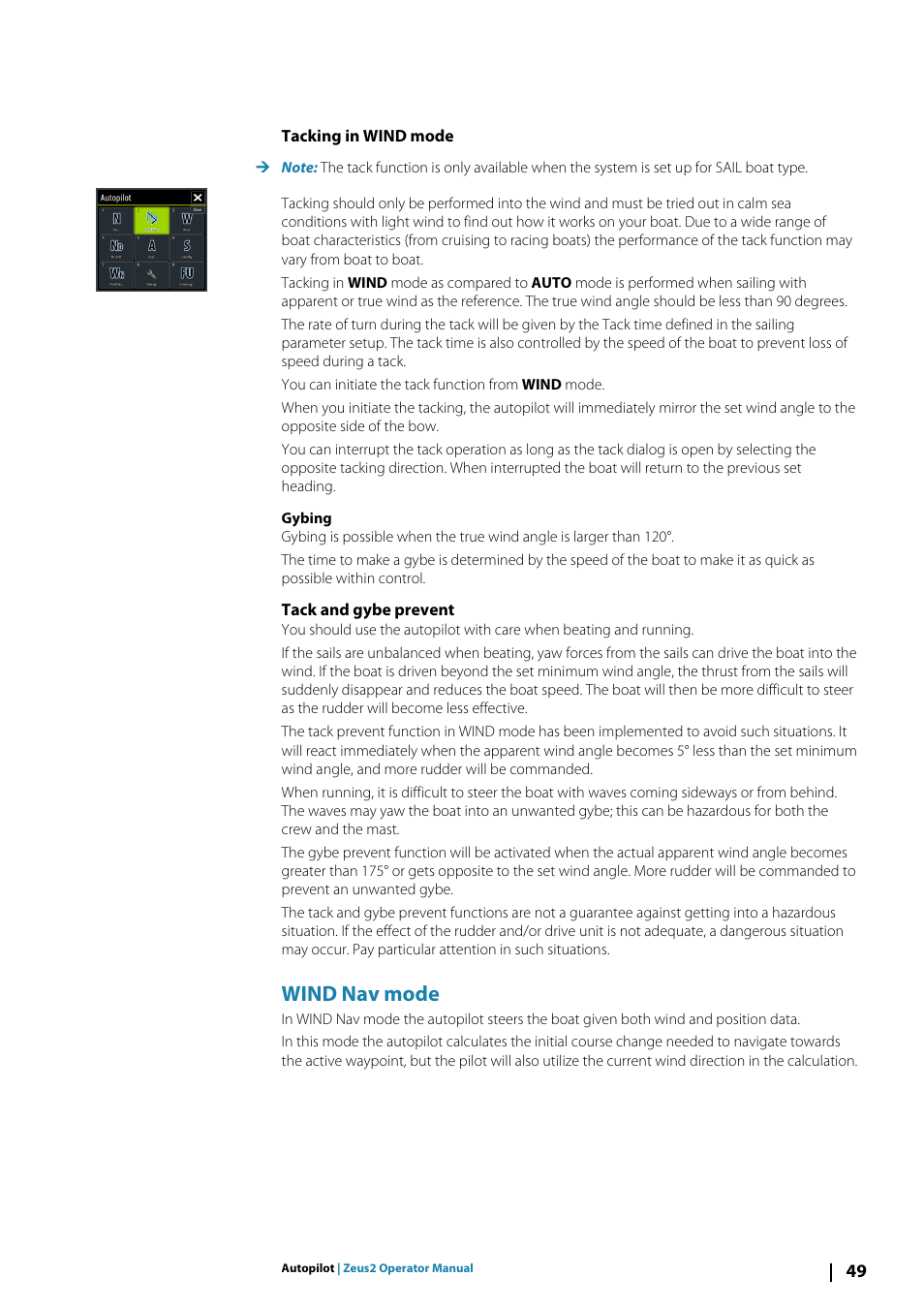 Tacking in wind mode, Tack and gybe prevent, Wind nav mode | B&G Zeus2 12 User Manual | Page 49 / 108