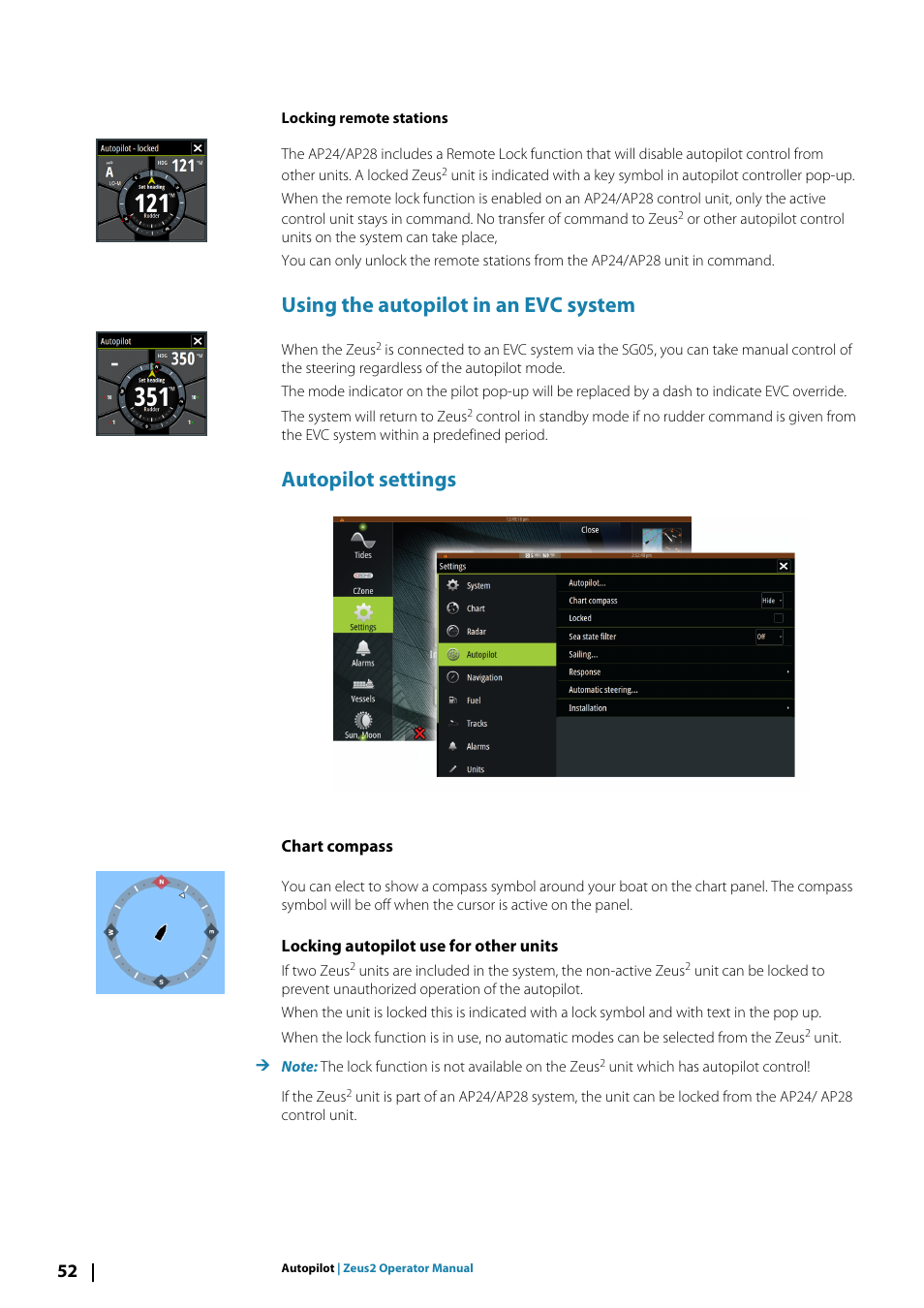 Using the autopilot in an evc system, Autopilot settings, Chart compass | Locking autopilot use for other units | B&G Zeus2 12 User Manual | Page 52 / 108