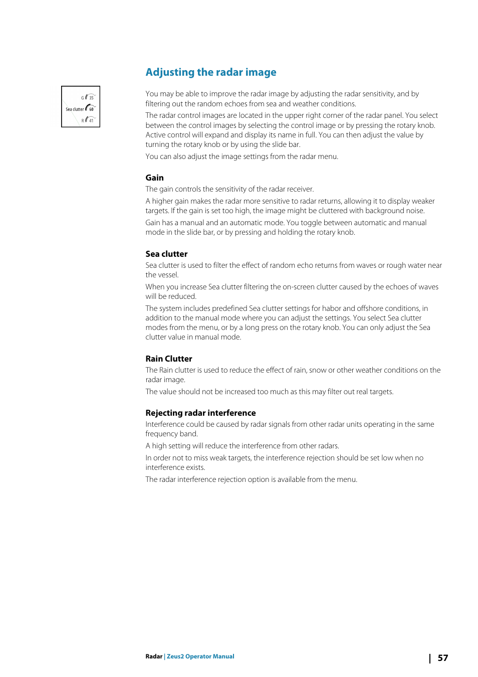 Adjusting the radar image, Gain, Sea clutter | Rain clutter, Rejecting radar interference | B&G Zeus2 12 User Manual | Page 57 / 108