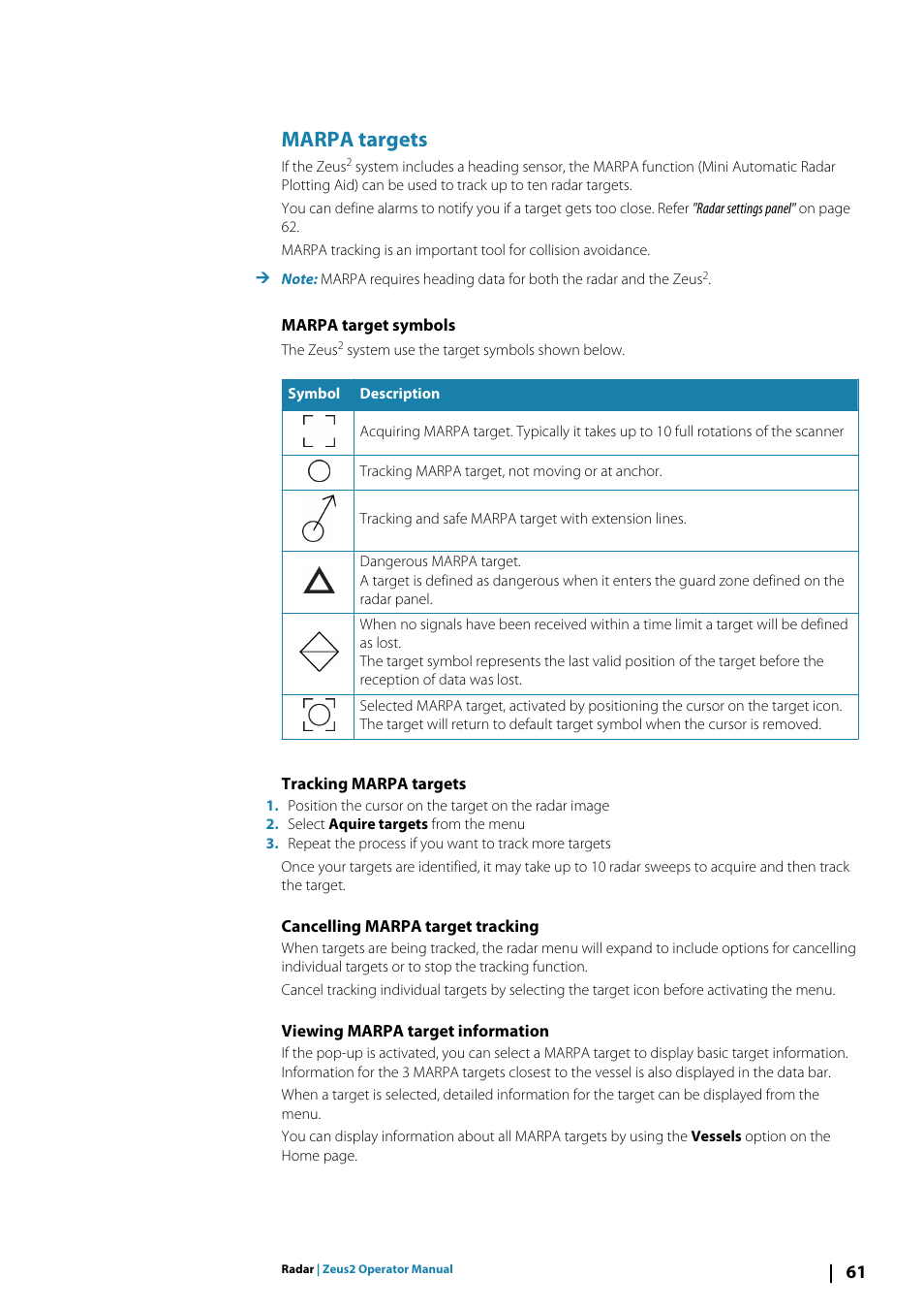 Marpa targets, Marpa target symbols, Tracking marpa targets | Cancelling marpa target tracking, Viewing marpa target information | B&G Zeus2 12 User Manual | Page 61 / 108