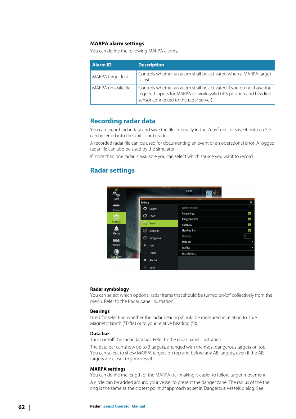 Marpa alarm settings, Recording radar data, Radar settings | B&G Zeus2 12 User Manual | Page 62 / 108