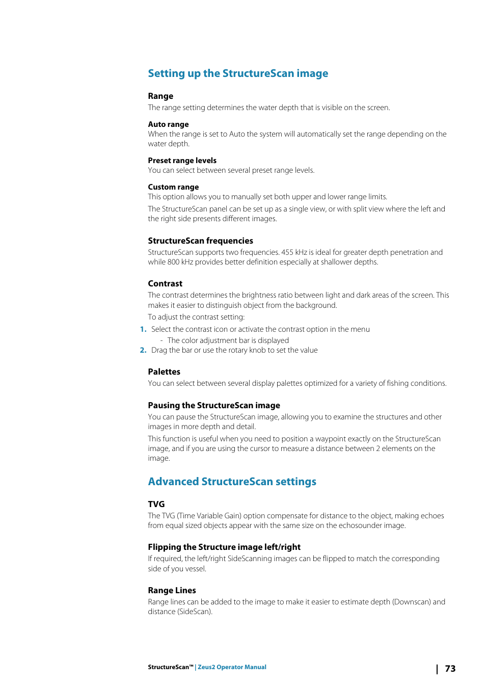 Setting up the structurescan image, Range, Structurescan frequencies | Contrast, Palettes, Pausing the structurescan image, Advanced structurescan settings, Flipping the structure image left/right, Range lines | B&G Zeus2 12 User Manual | Page 73 / 108