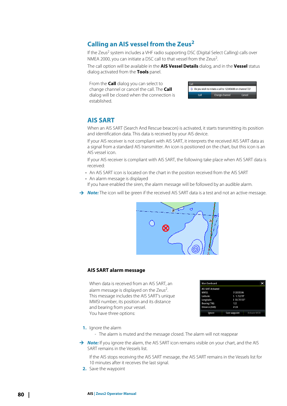 Calling an ais vessel from the zeus2, Ais sart, Ais sart alarm message | Calling an ais vessel from the zeus | B&G Zeus2 12 User Manual | Page 80 / 108