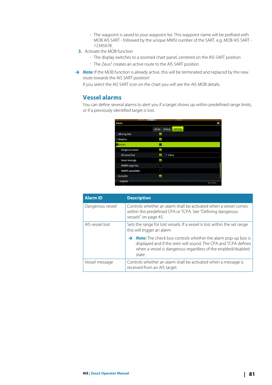 Vessel alarms | B&G Zeus2 12 User Manual | Page 81 / 108