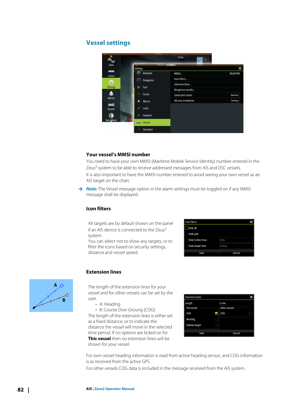 Vessel settings, Your vessel’s mmsi number, Icon filters | Extension lines | B&G Zeus2 12 User Manual | Page 82 / 108