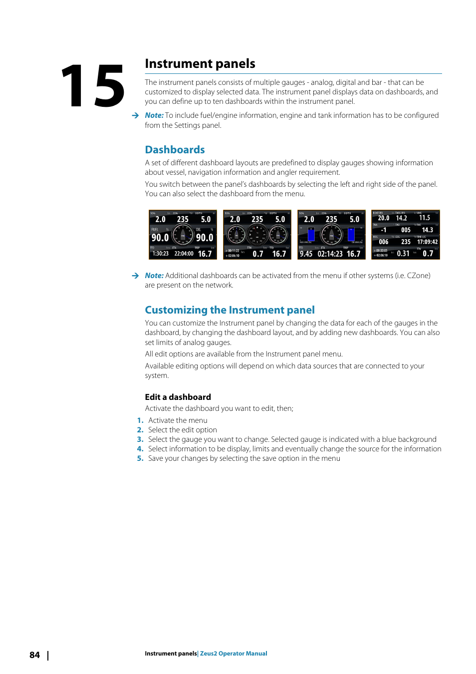 Instrument panels15instrument panels, Dashboards, Customizing the instrument panel | Edit a dashboard, Instrument panels | B&G Zeus2 12 User Manual | Page 84 / 108