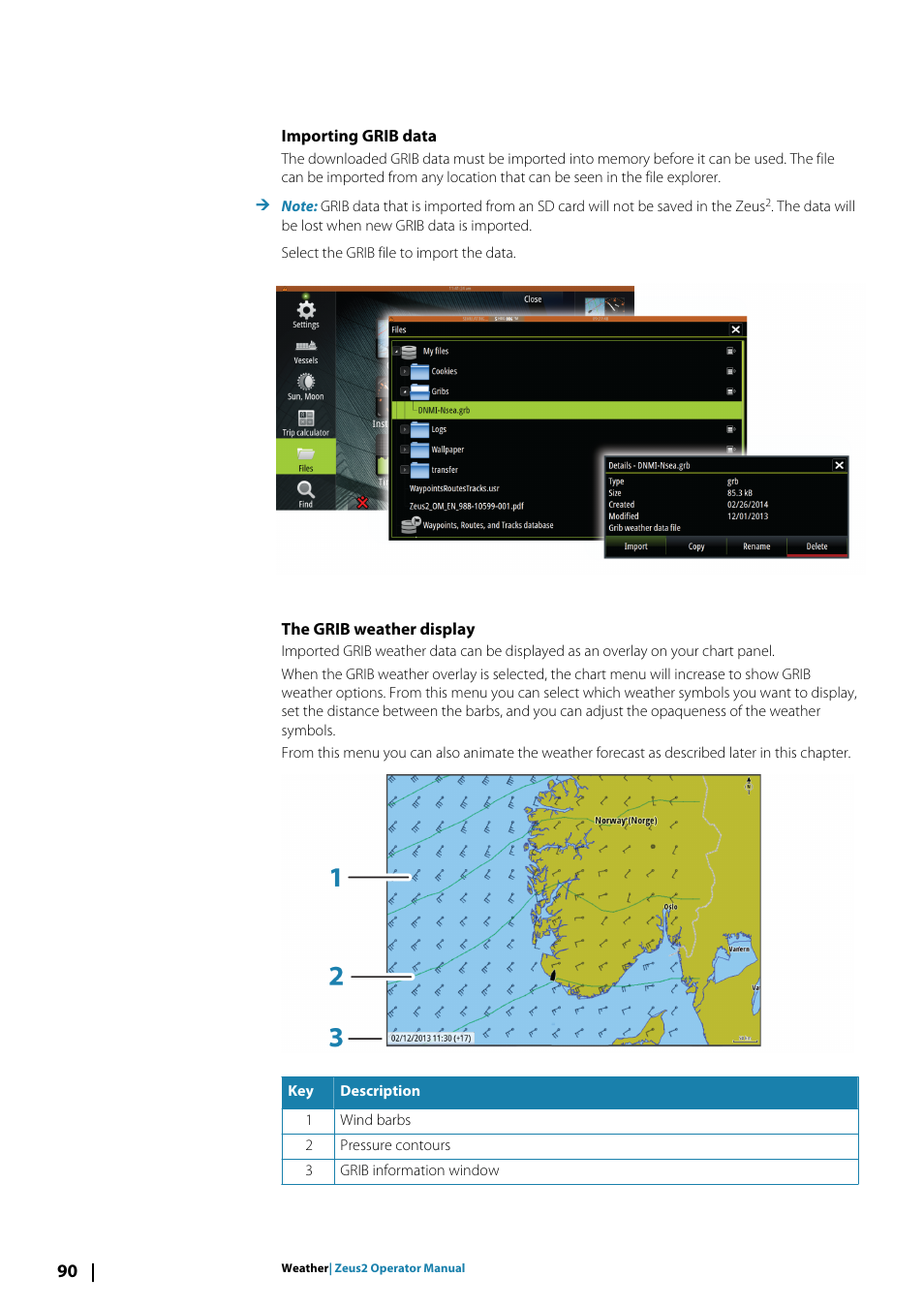 Importing grib data, The grib weather display | B&G Zeus2 12 User Manual | Page 90 / 108
