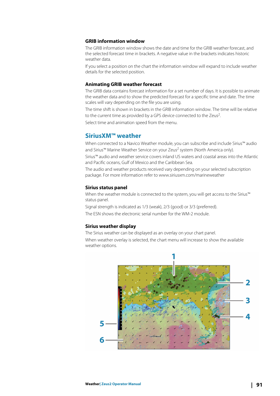 Grib information window, Animating grib weather forecast, Siriusxm™ weather | Sirius status panel, Sirius weather display | B&G Zeus2 12 User Manual | Page 91 / 108