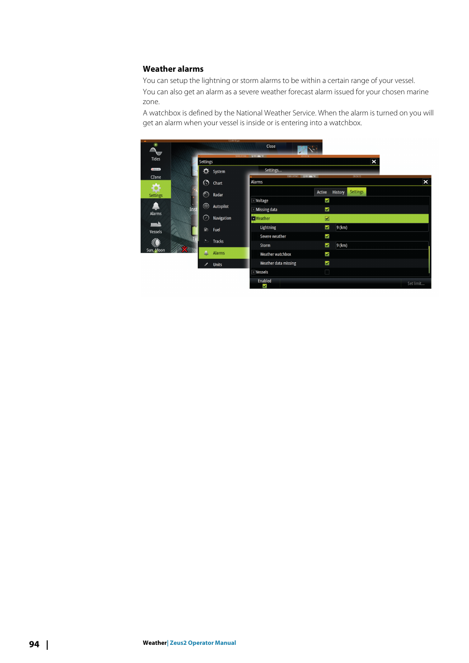 Weather alarms | B&G Zeus2 12 User Manual | Page 94 / 108