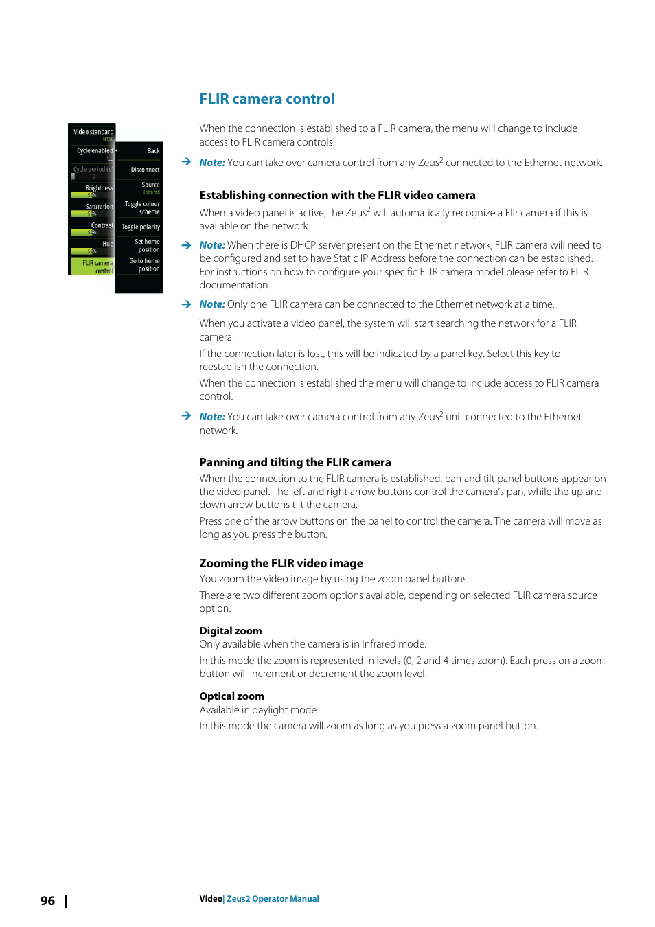 Flir camera control, Establishing connection with the flir video camera, Panning and tilting the flir camera | Zooming the flir video image | B&G Zeus2 12 User Manual | Page 96 / 108
