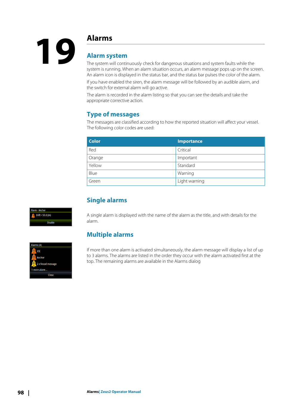 Alarms19alarms, Alarm system, Type of messages | Single alarms, Multiple alarms, Alarms | B&G Zeus2 12 User Manual | Page 98 / 108