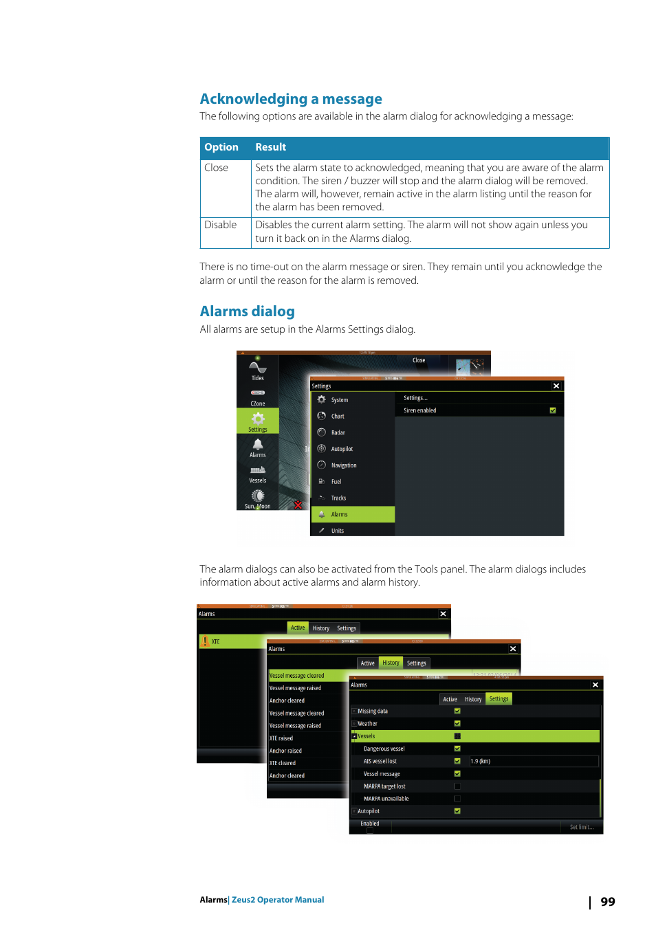 Acknowledging a message, Alarms dialog | B&G Zeus2 12 User Manual | Page 99 / 108