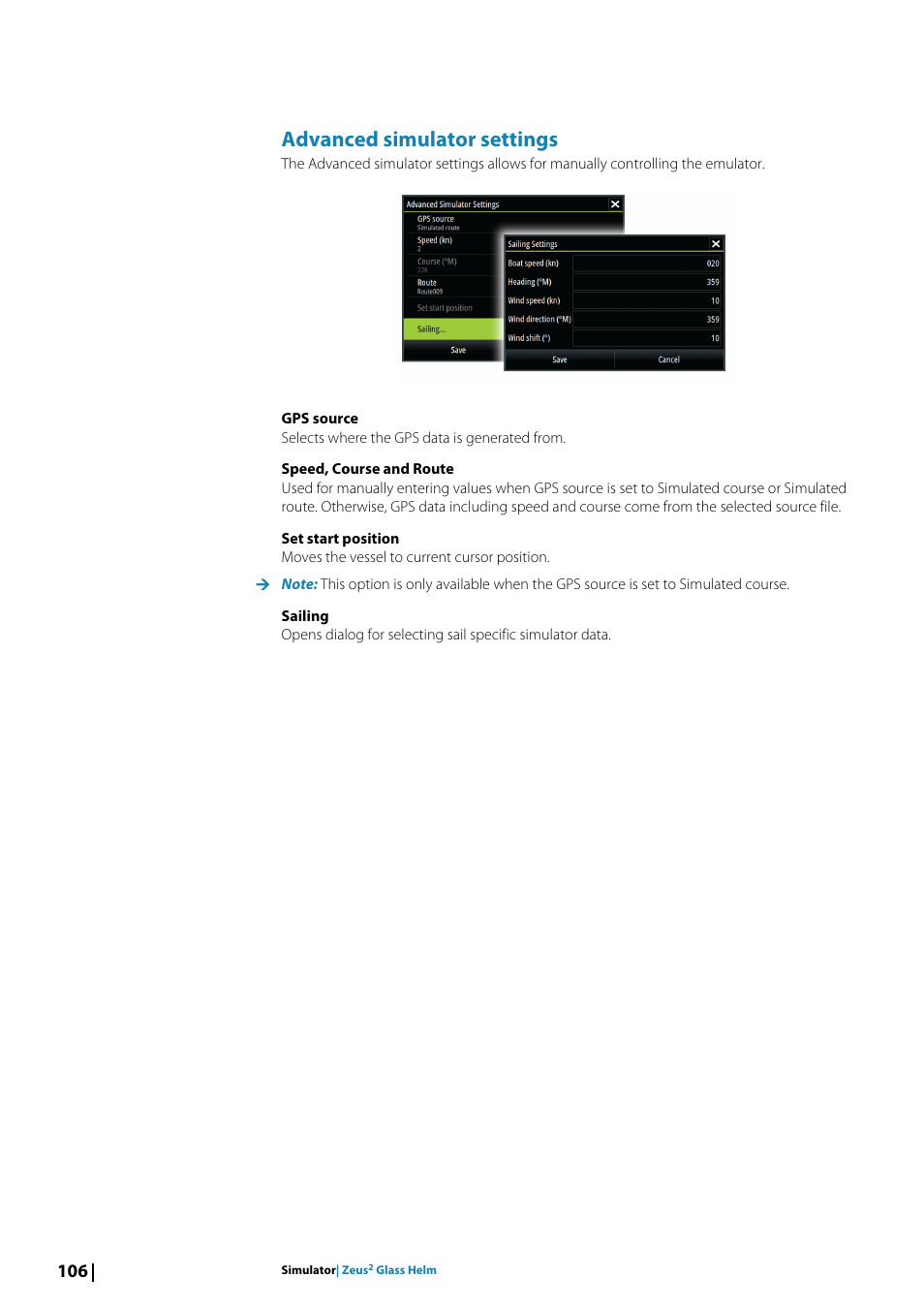 Advanced simulator settings | B&G Zeus2 Glass Helm CPU User Manual | Page 106 / 116