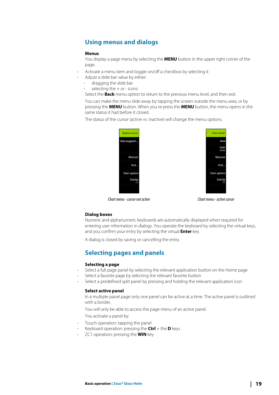 Using menus and dialogs, Selecting pages and panels | B&G Zeus2 Glass Helm CPU User Manual | Page 19 / 116