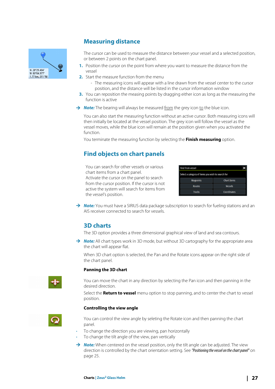 Measuring distance, Find objects on chart panels, 3d charts | B&G Zeus2 Glass Helm CPU User Manual | Page 27 / 116