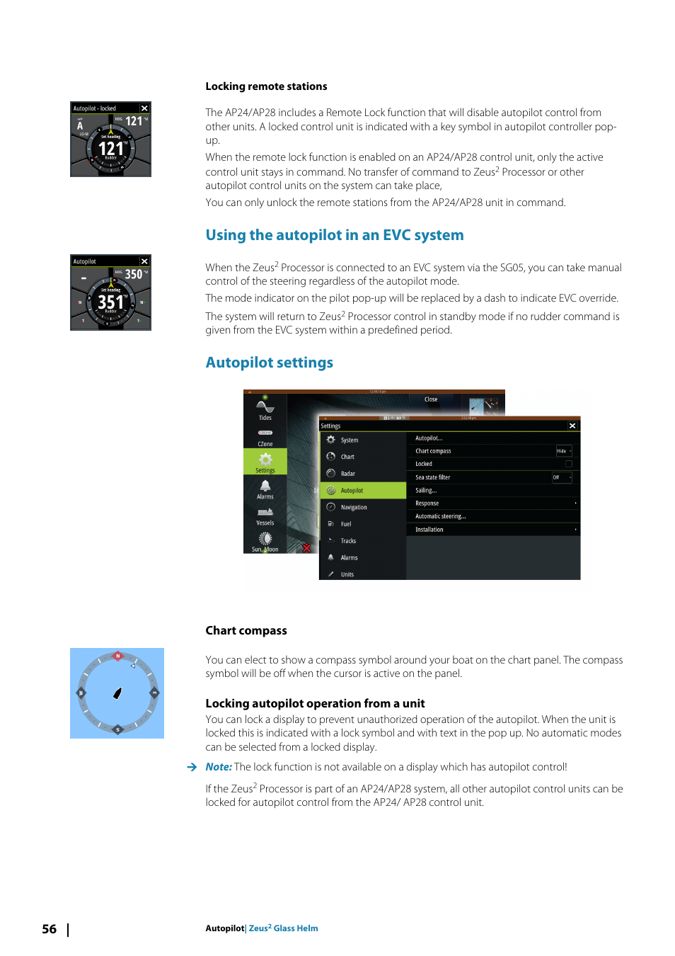 Using the autopilot in an evc system, Autopilot settings, Chart compass | Locking autopilot operation from a unit | B&G Zeus2 Glass Helm CPU User Manual | Page 56 / 116