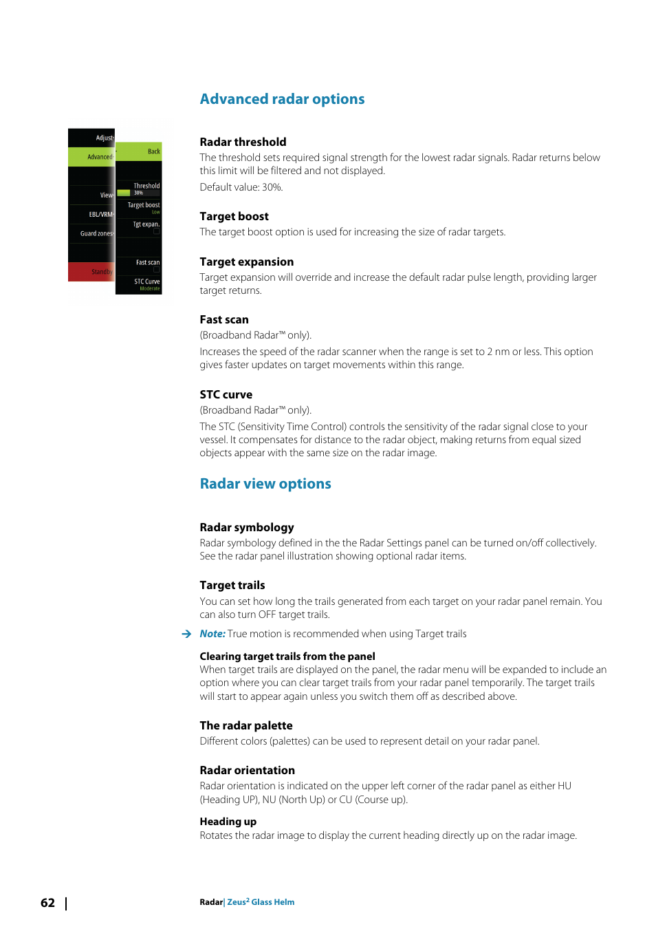 Advanced radar options, Radar threshold, Target boost | Target expansion, Fast scan, Stc curve, Radar view options, Radar symbology, Target trails, The radar palette | B&G Zeus2 Glass Helm CPU User Manual | Page 62 / 116