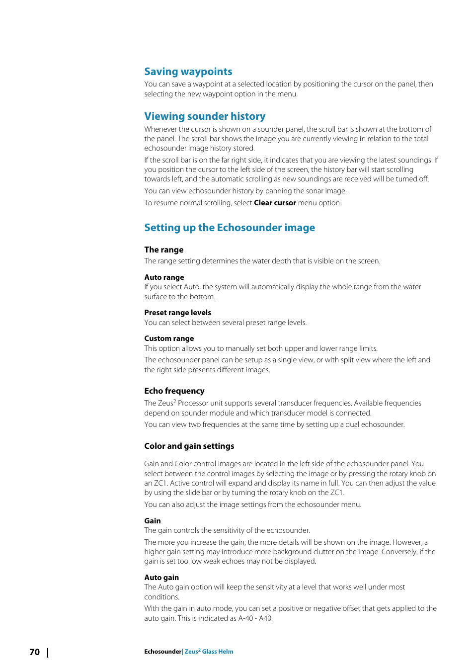 Saving waypoints, Viewing sounder history, Setting up the echosounder image | The range, Echo frequency, Color and gain settings | B&G Zeus2 Glass Helm CPU User Manual | Page 70 / 116