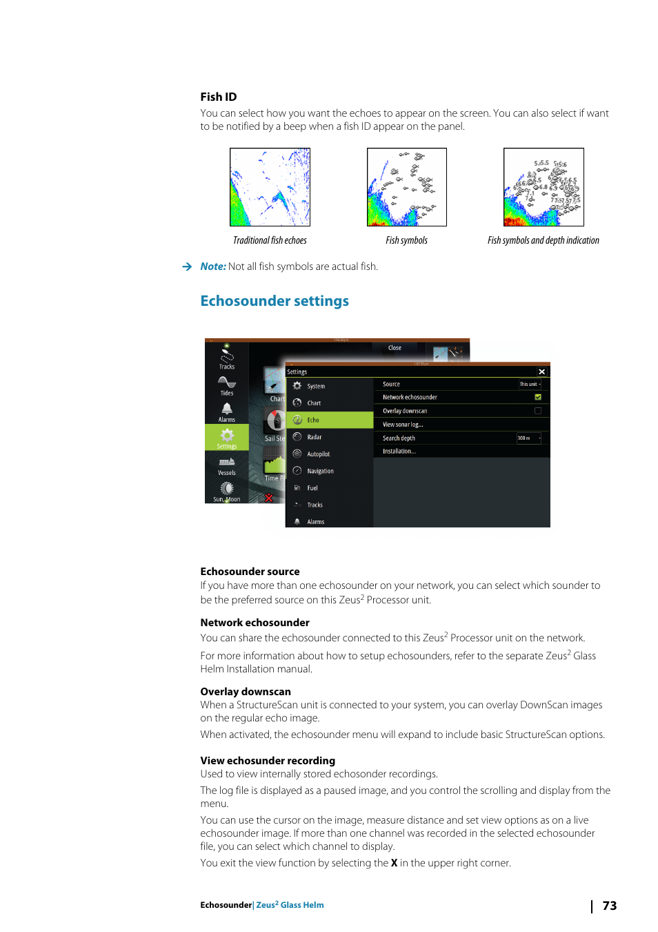 Fish id, Echosounder settings | B&G Zeus2 Glass Helm CPU User Manual | Page 73 / 116