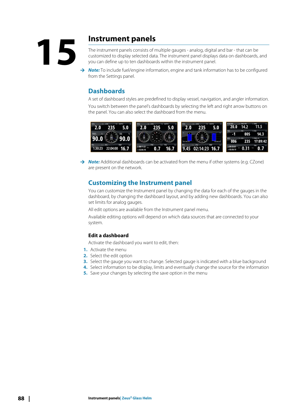 Instrument panels15instrument panels, Dashboards, Customizing the instrument panel | Edit a dashboard, Instrument panels | B&G Zeus2 Glass Helm CPU User Manual | Page 88 / 116