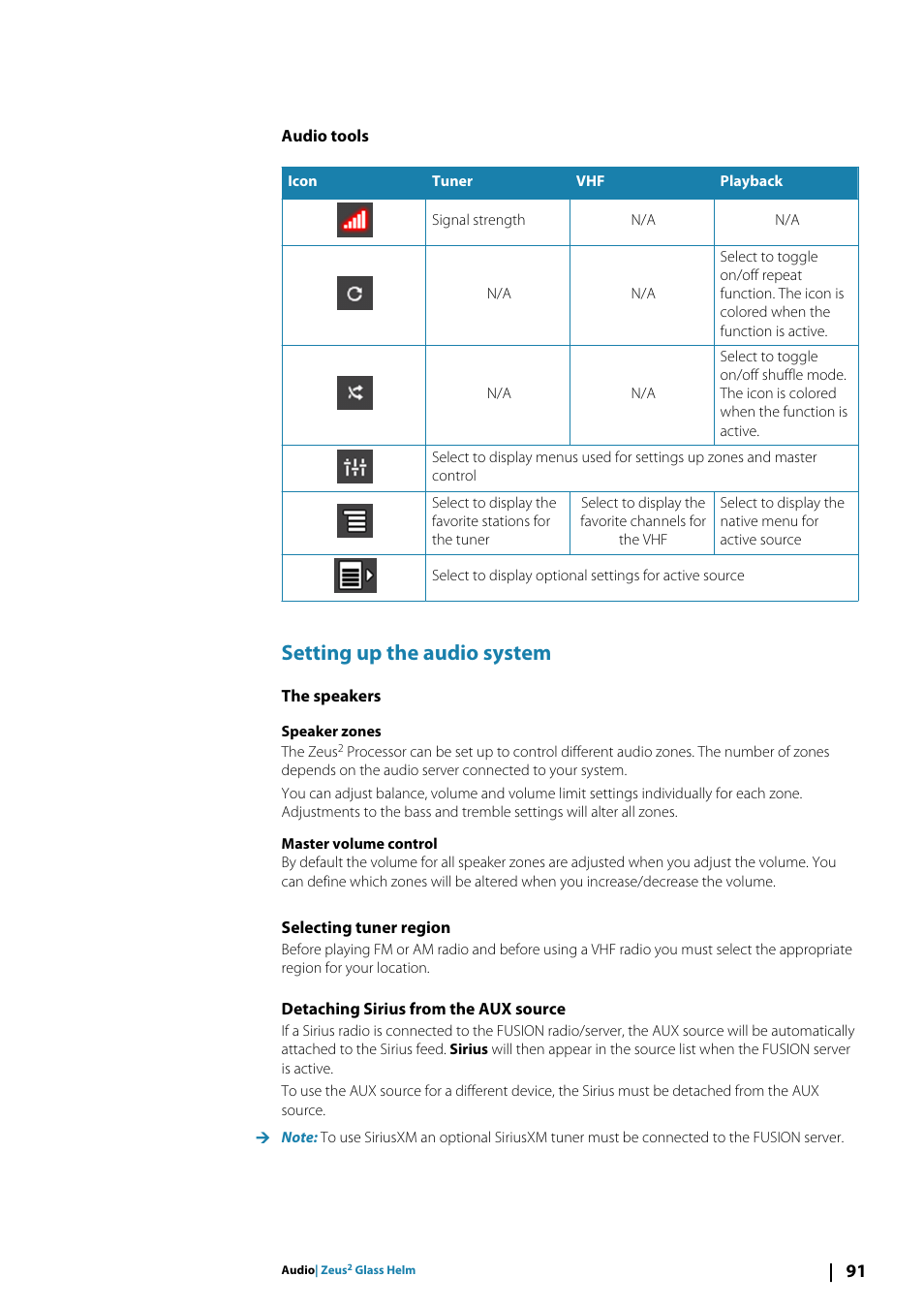 Audio tools, Setting up the audio system, The speakers | Selecting tuner region, Detaching sirius from the aux source | B&G Zeus2 Glass Helm CPU User Manual | Page 91 / 116