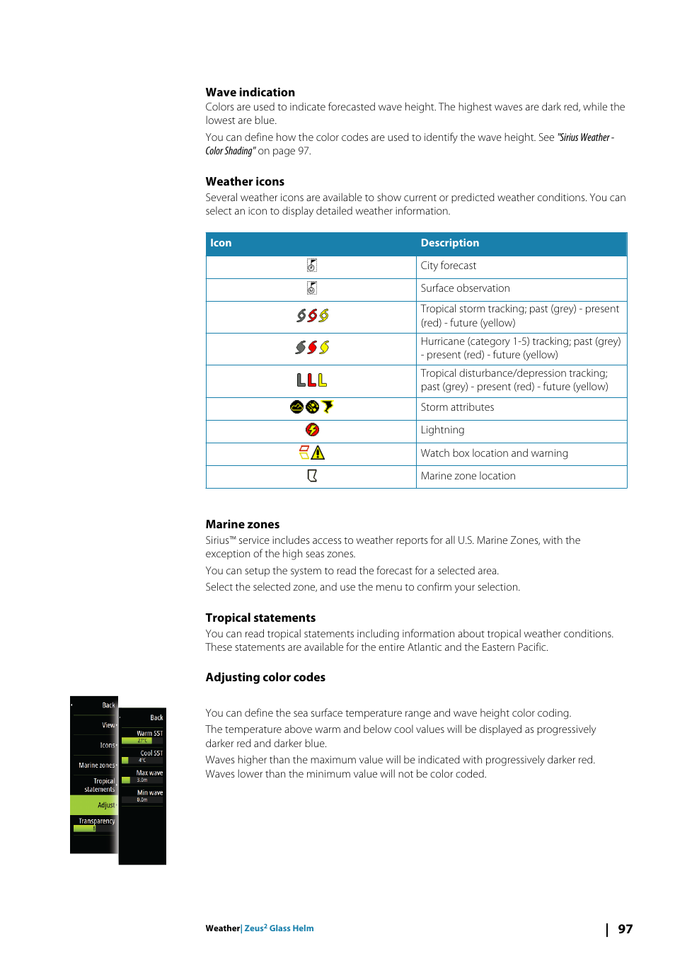 Wave indication, Weather icons, Marine zones | Tropical statements, Adjusting color codes | B&G Zeus2 Glass Helm CPU User Manual | Page 97 / 116