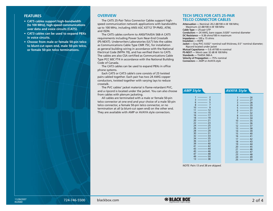 2 of 4, Features, Overview | Tech specs for cat5 25-pair telco connector cables | Black Box CAT3 User Manual | Page 2 / 4