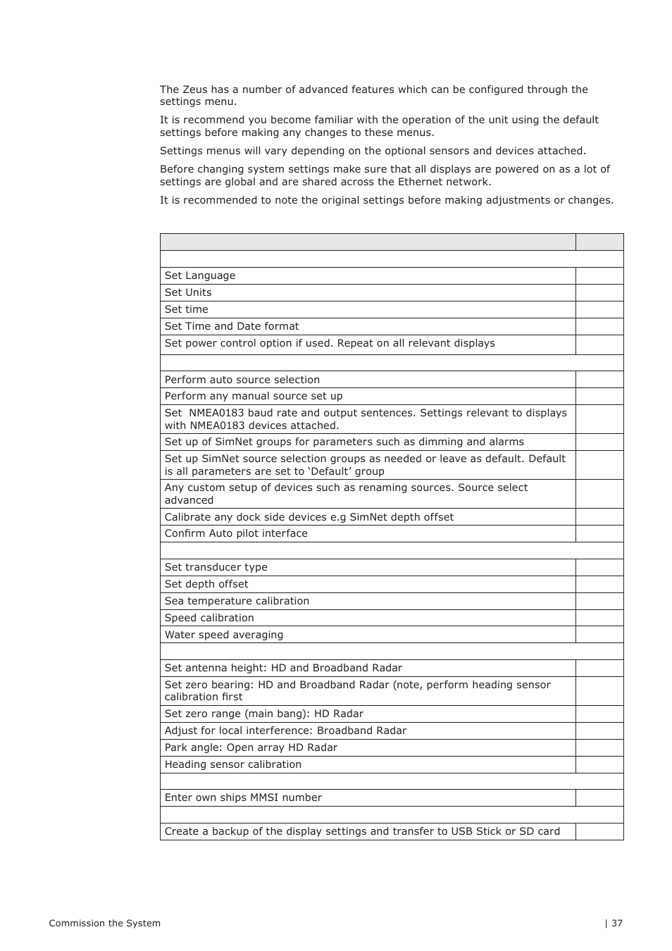 Commissioning checklist | B&G Zeus 12 User Manual | Page 38 / 63