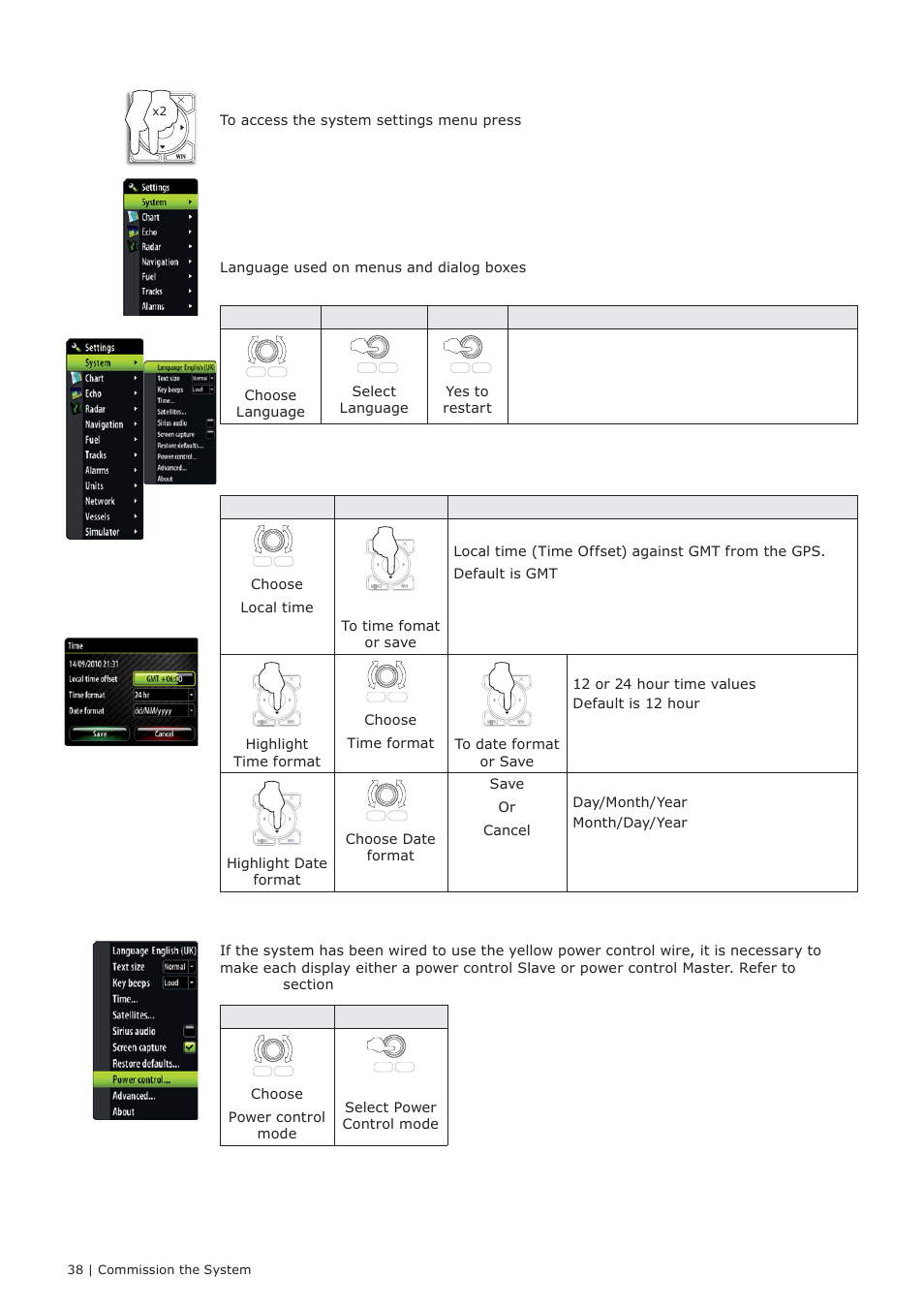 System settings menu, Language, Time: local time, time format, date format | Power control, Choose language, Select language, Choose local time, Highlight time format, Choose time format, Highlight date format | B&G Zeus 12 User Manual | Page 39 / 63