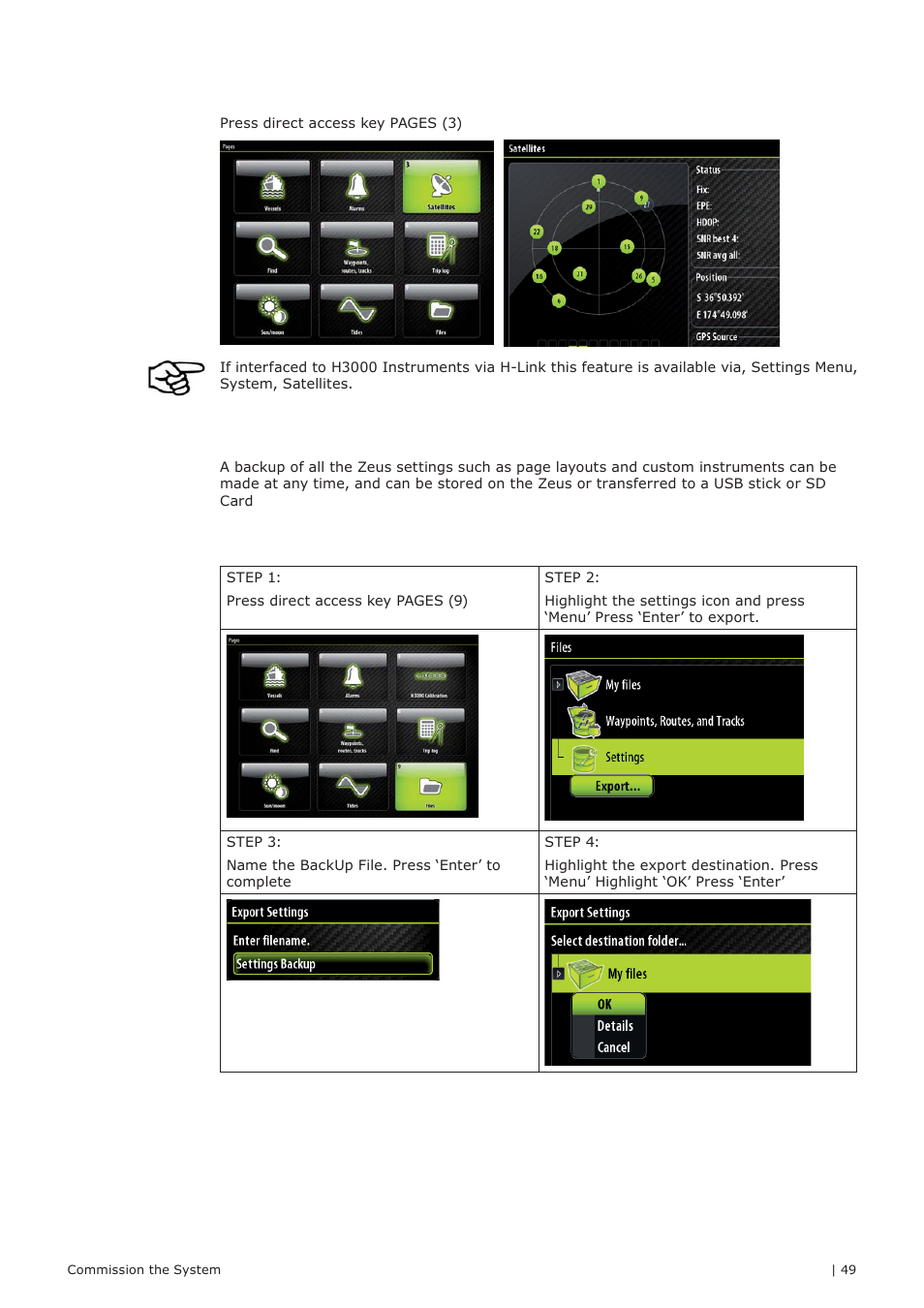 Check gps signal, System backup | B&G Zeus 12 User Manual | Page 50 / 63