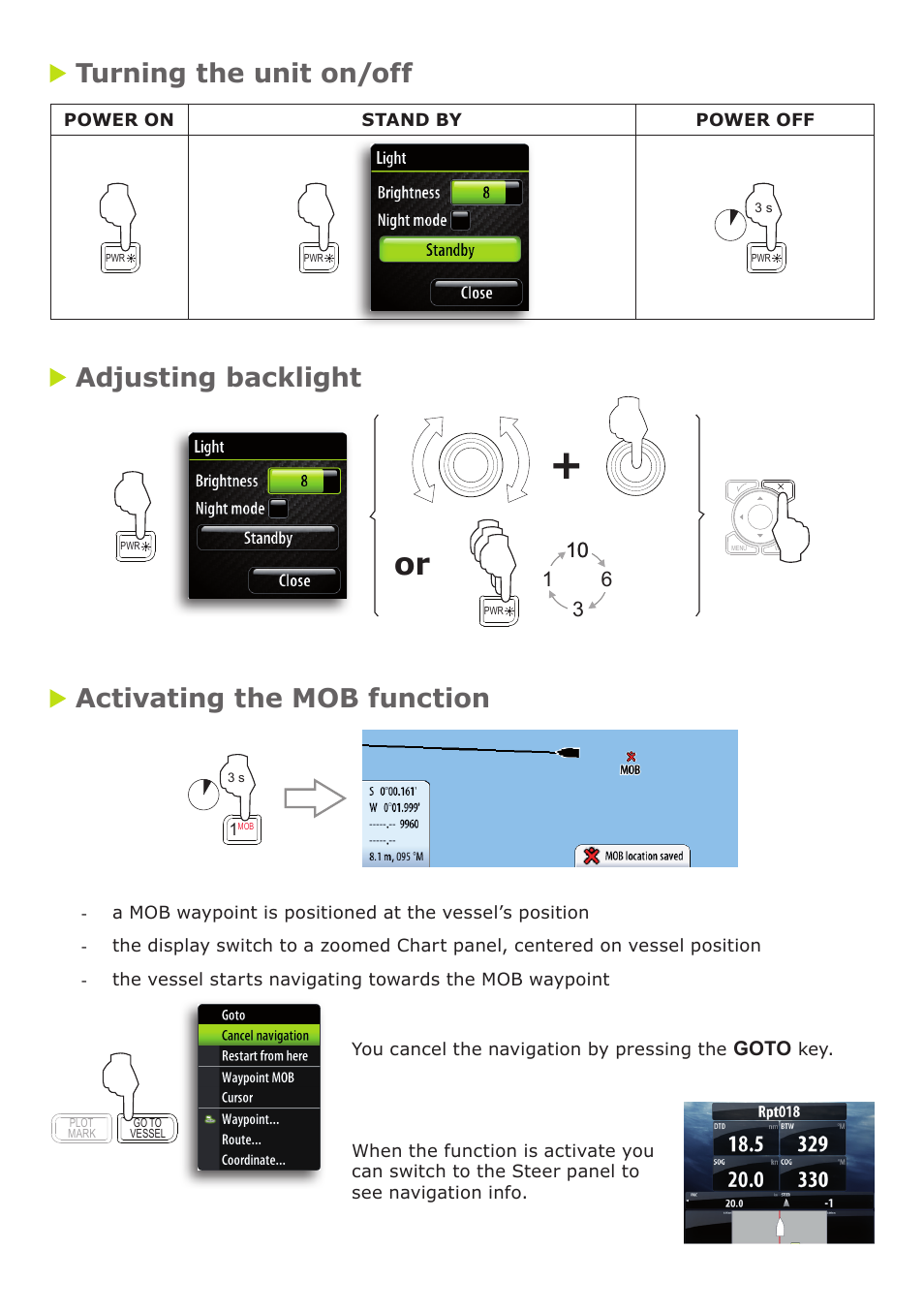 Turning the unit on/off, Adjusting backlight, Activating the mob function | B&G Zeus 12 User Manual | Page 2 / 6