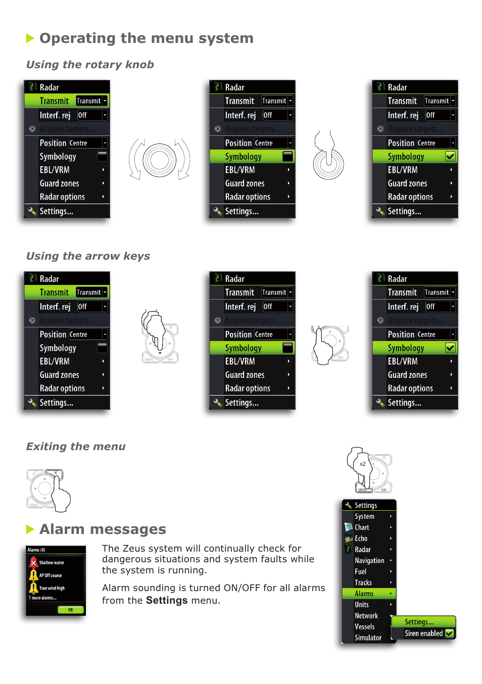 Operating the menu system, Alarm messages, Using the rotary knob using the arrow keys | Exiting the menu, Settings, Menu | B&G Zeus 12 User Manual | Page 3 / 6