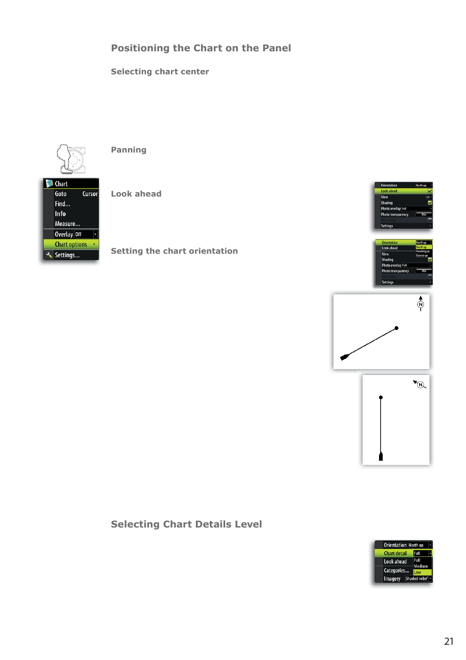 Positioning the chart on the panel, Selecting chart details level | B&G Zeus 12 User Manual | Page 22 / 94