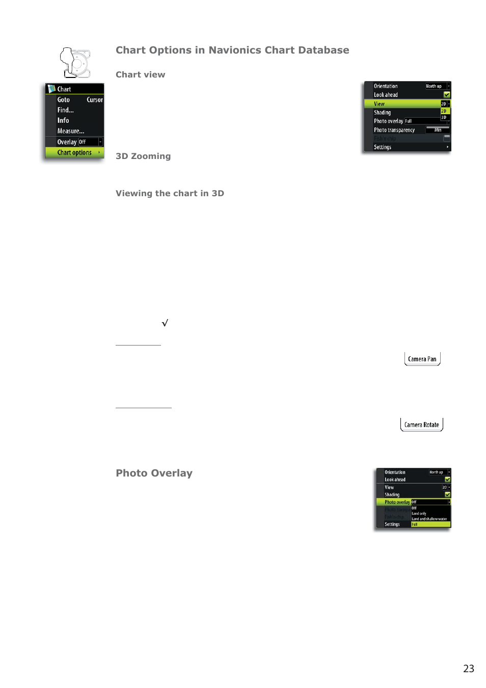 Chart options in navionics chart database, Photo overlay | B&G Zeus 12 User Manual | Page 24 / 94