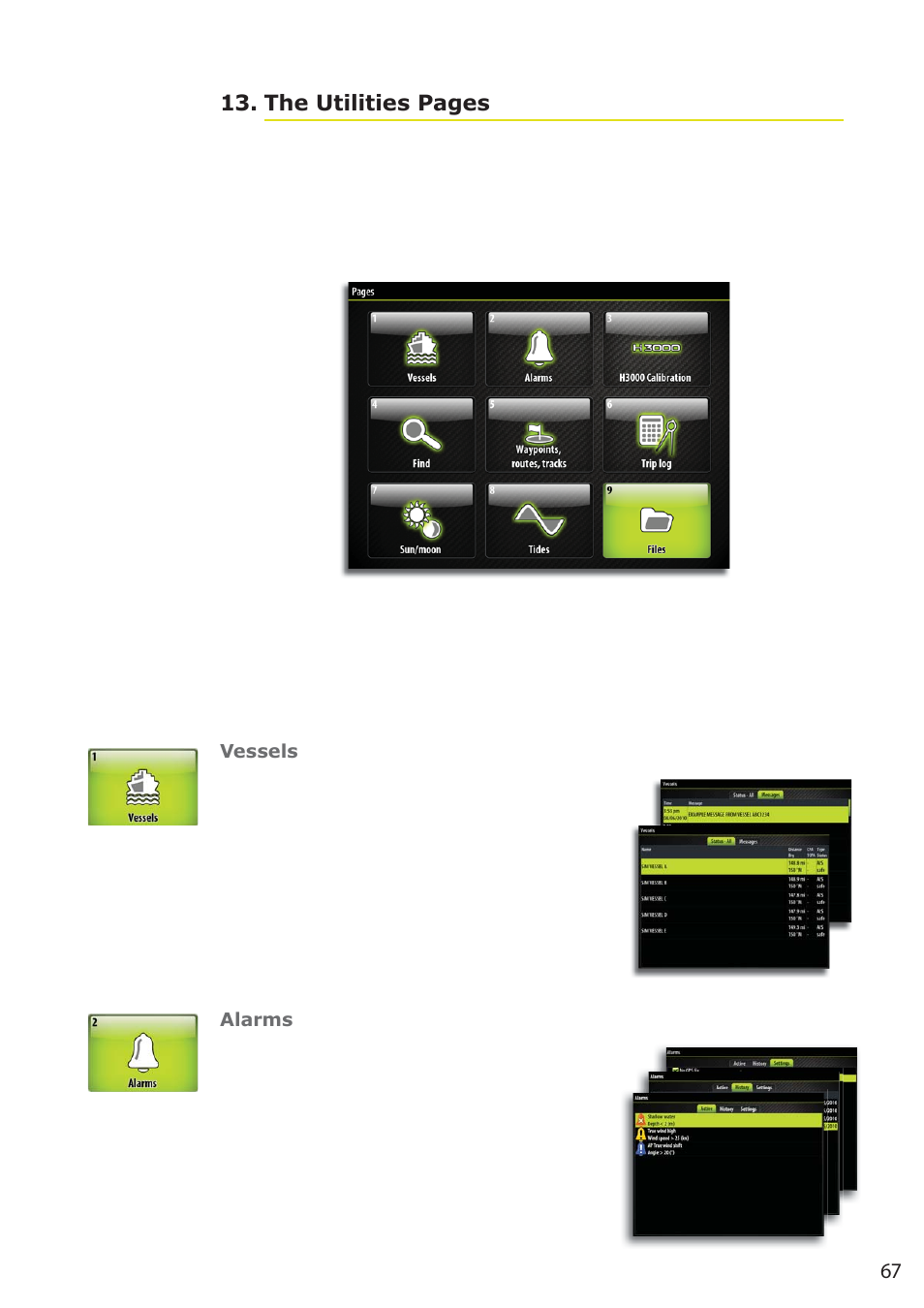 67 the utilities pages 13, Vessels, Alarms | B&G Zeus 12 User Manual | Page 68 / 94