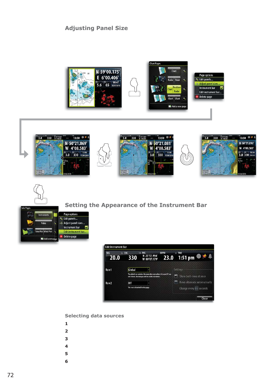 Adjusting panel size, Setting the appearance of the instrument bar | B&G Zeus 12 User Manual | Page 73 / 94