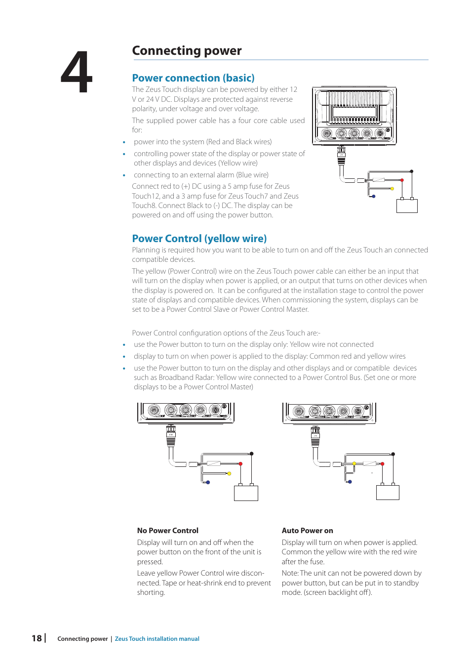 Connecting power, Power connection (basic), Power control (yellow wire) | B&G Zeus Touch 12 User Manual | Page 18 / 66