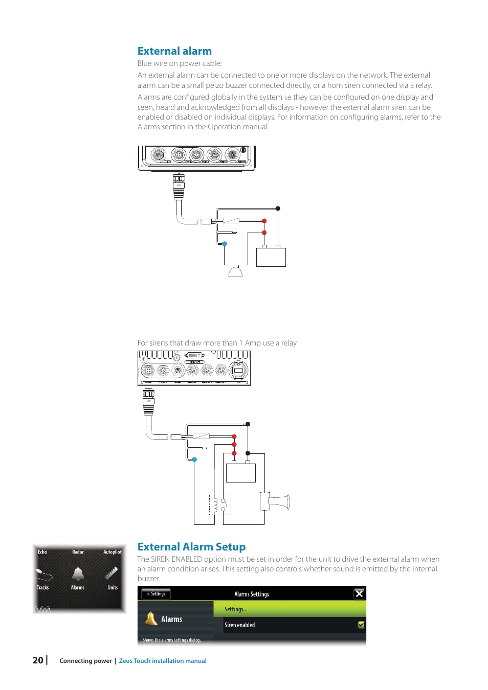 External alarm, External alarm setup | B&G Zeus Touch 12 User Manual | Page 20 / 66