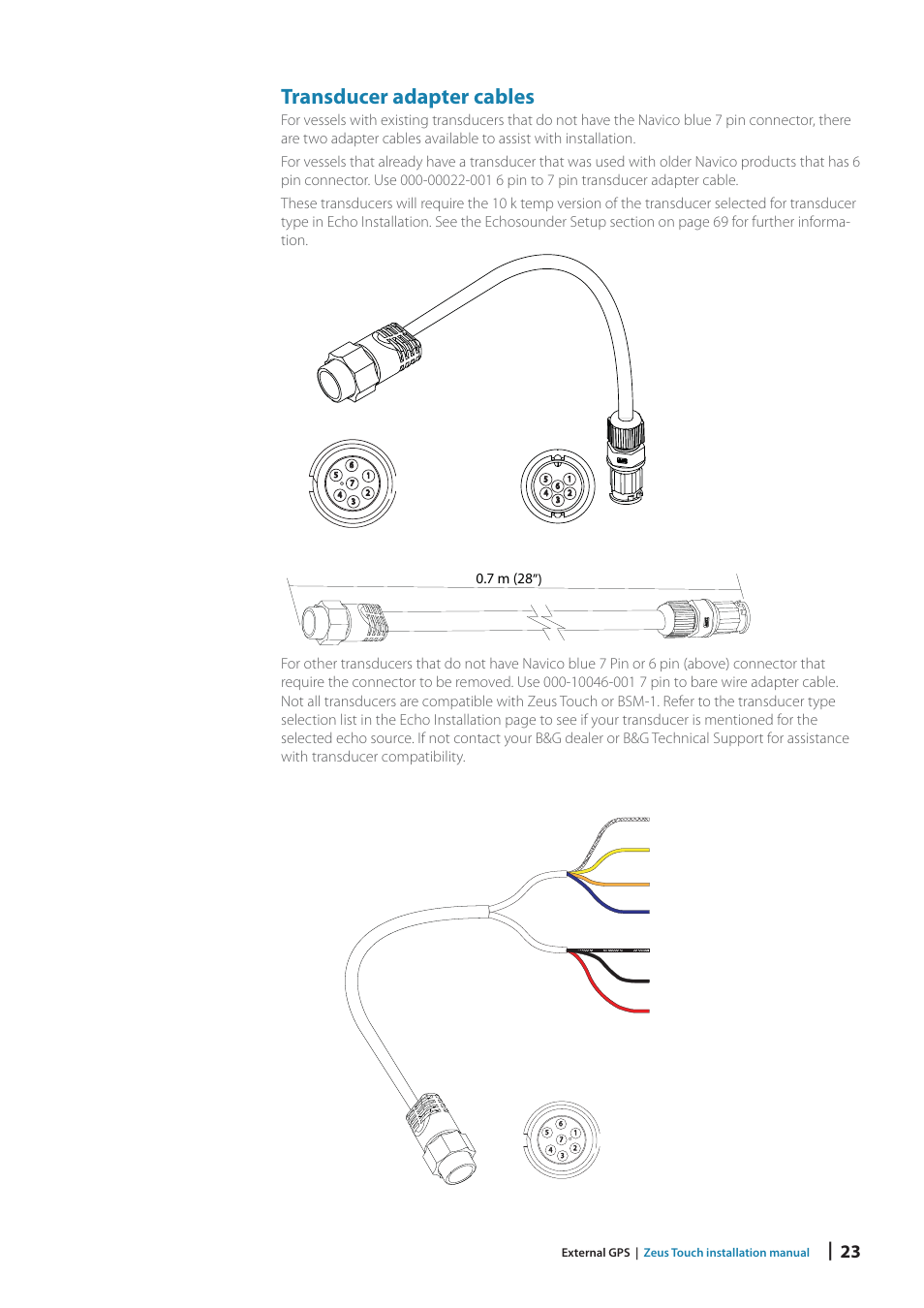 Transducer adapter cables, 7 m (28”) | B&G Zeus Touch 12 User Manual | Page 23 / 66