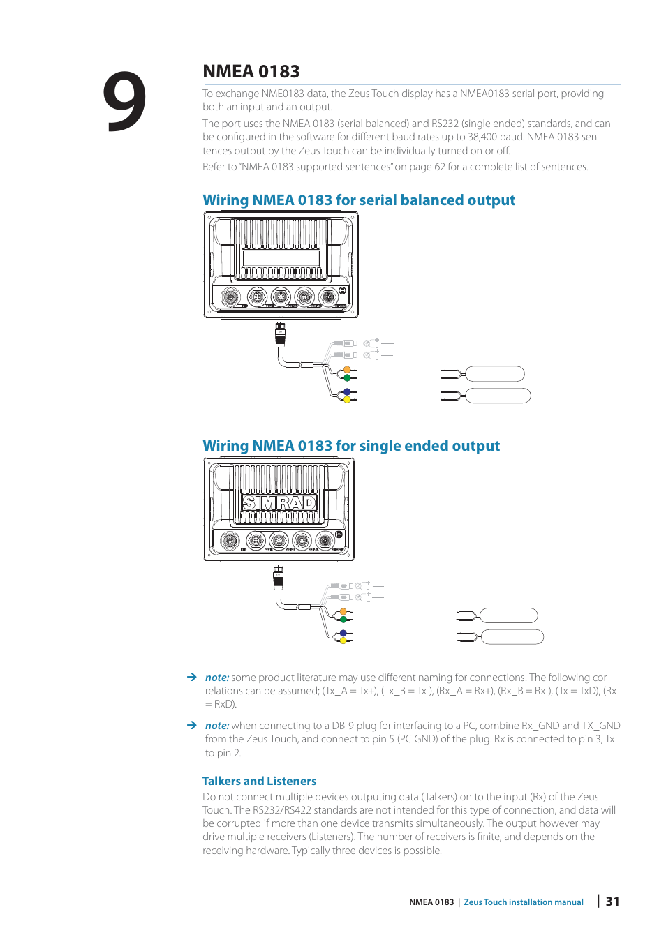 Nmea 0183, Wiring nmea 0183 for serial balanced output, Wiring nmea 0183 for single ended output | Talkers and listeners | B&G Zeus Touch 12 User Manual | Page 31 / 66