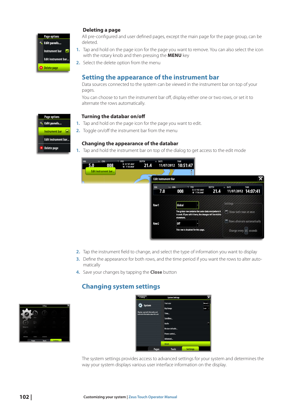 Setting the appearance of the instrument bar, Changing system settings | B&G Zeus Touch 12 User Manual | Page 103 / 115