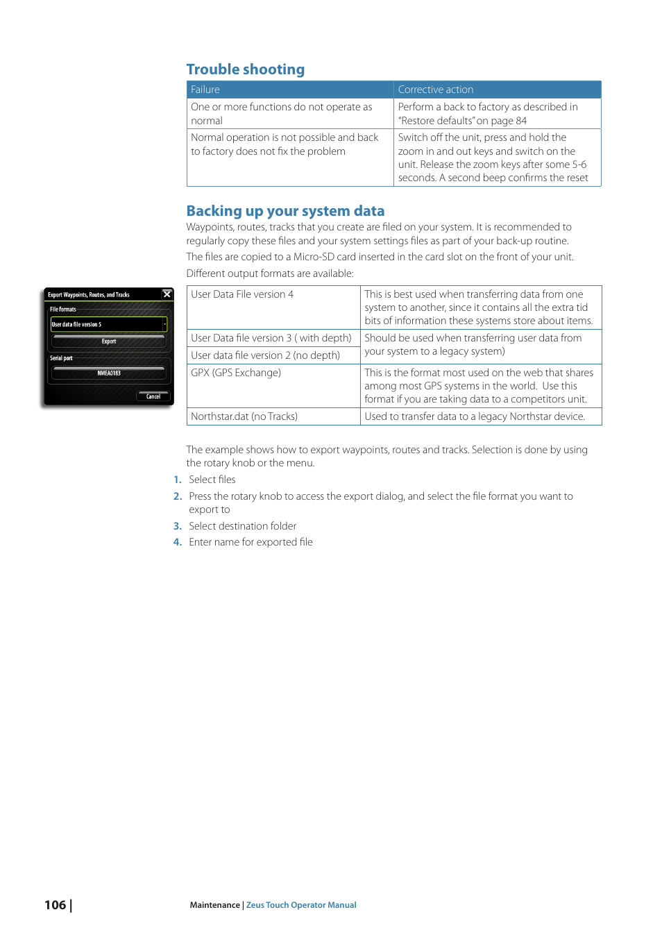 Trouble shooting, Backing up your system data | B&G Zeus Touch 12 User Manual | Page 107 / 115