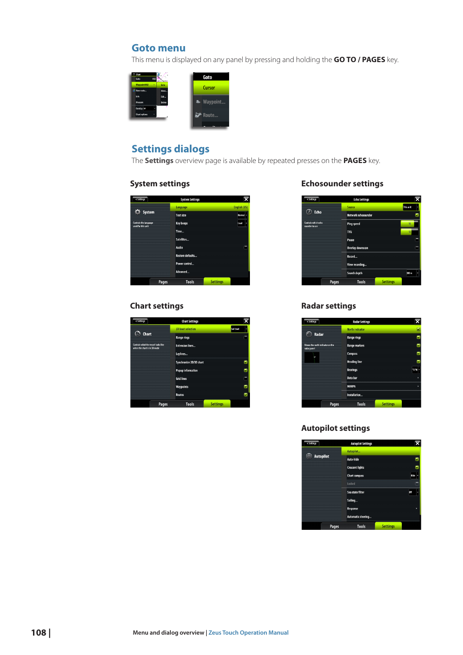 Goto menu, Settings dialogs | B&G Zeus Touch 12 User Manual | Page 109 / 115