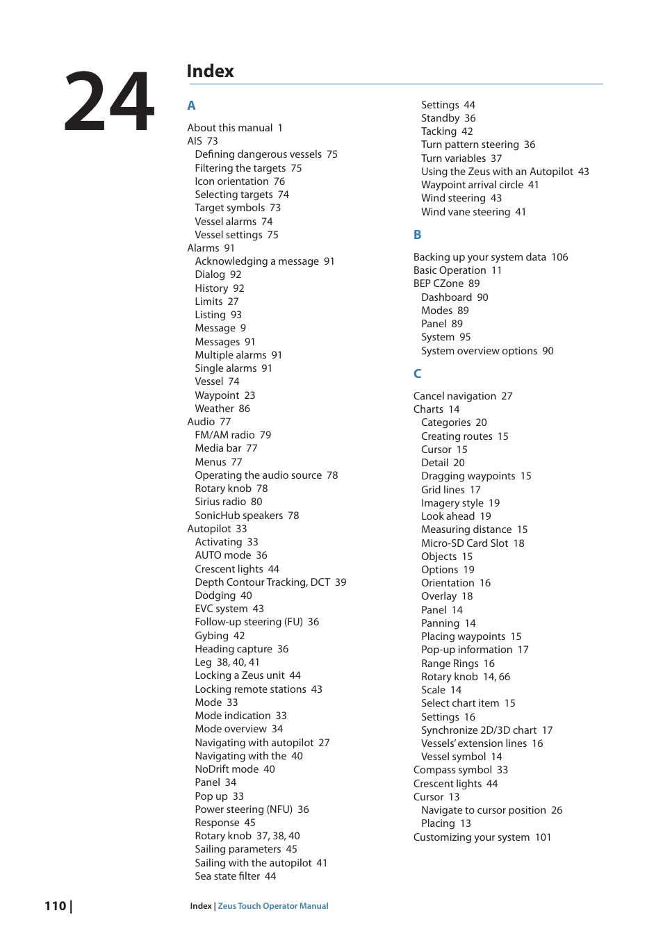 Index | B&G Zeus Touch 12 User Manual | Page 111 / 115
