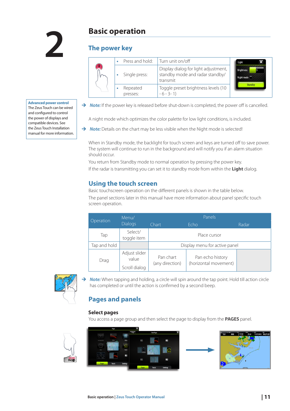 Basic operation, The power key, Using the touch screen | Pages and panels | B&G Zeus Touch 12 User Manual | Page 12 / 115