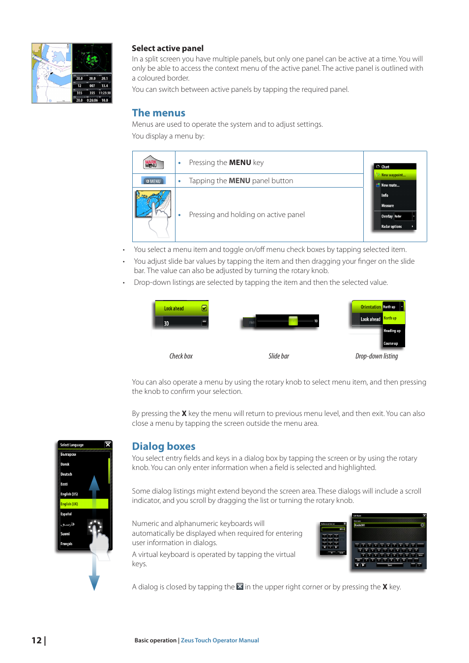 The menus, Dialog boxes | B&G Zeus Touch 12 User Manual | Page 13 / 115