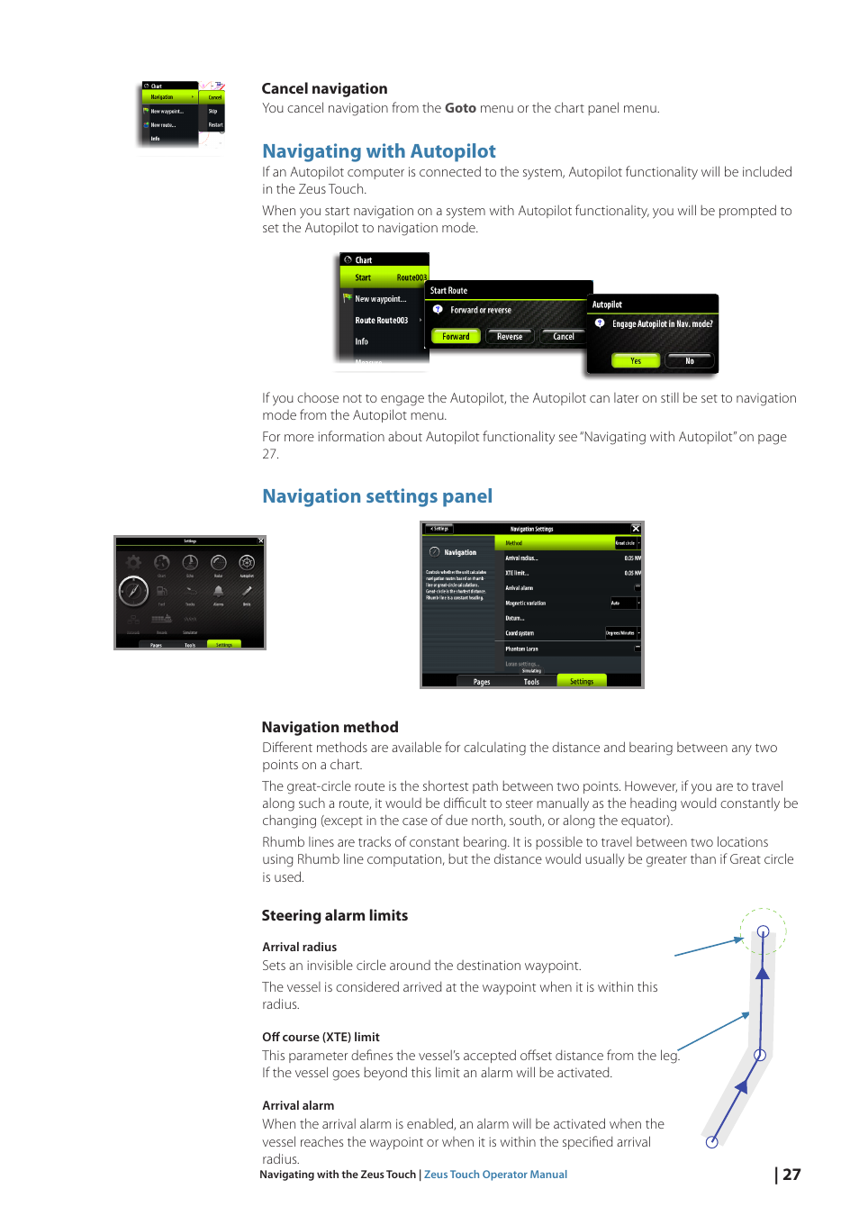 Navigating with autopilot, Navigation settings panel | B&G Zeus Touch 12 User Manual | Page 28 / 115